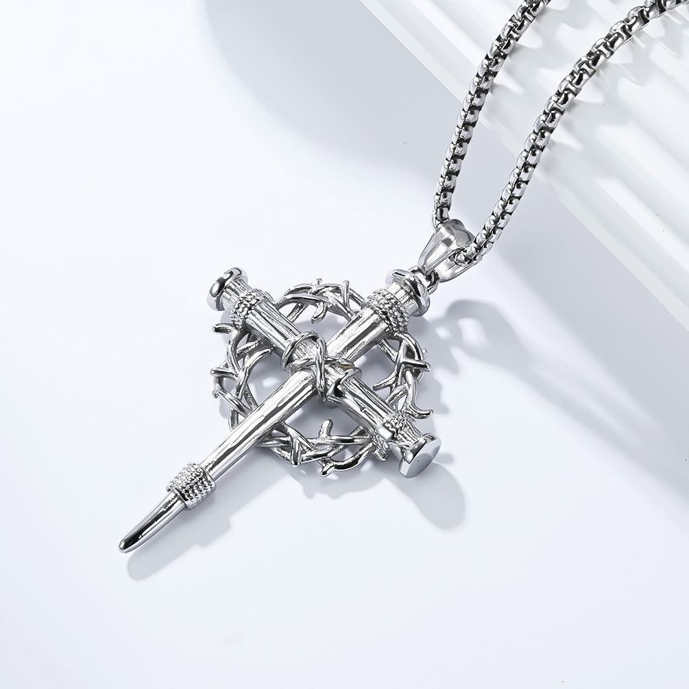 Vintage Thorn Wreath Cross Necklace