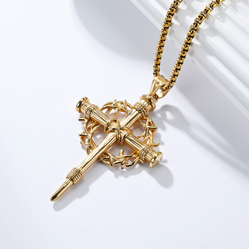 Vintage Thorn Wreath Cross Necklace