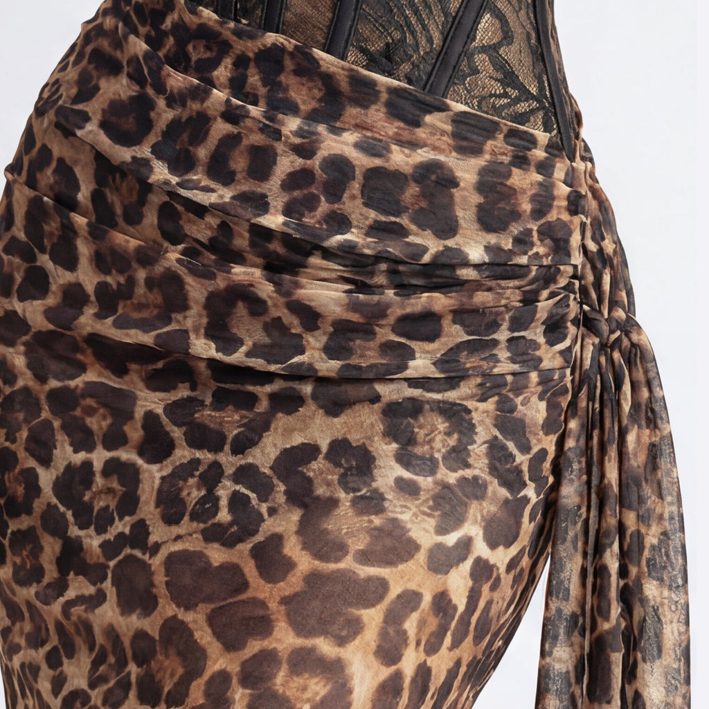 Leopard Print Lace-Trim Sheer Mesh Maxi Dress