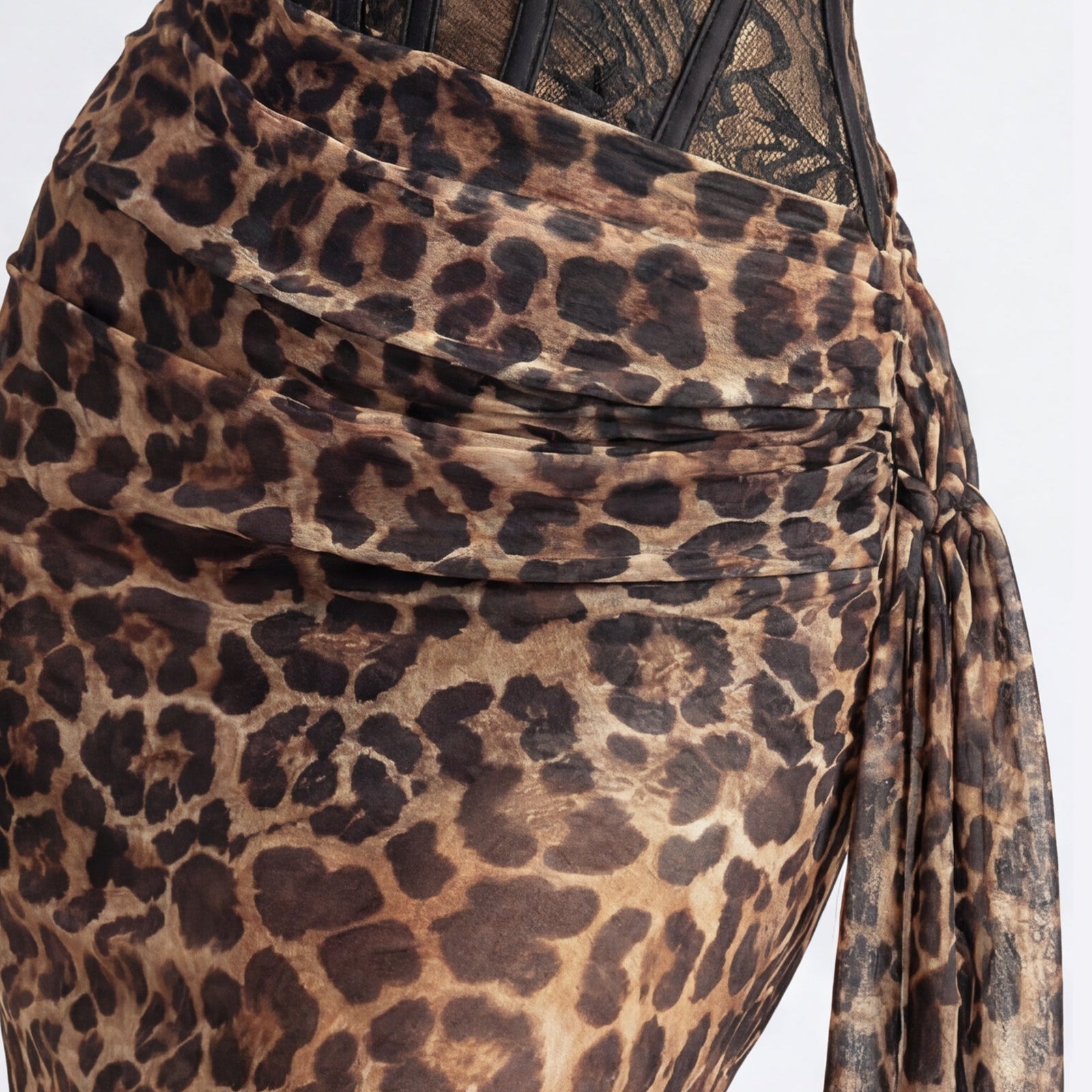 Leopard Print Lace-Trim Sheer Mesh Maxi Dress