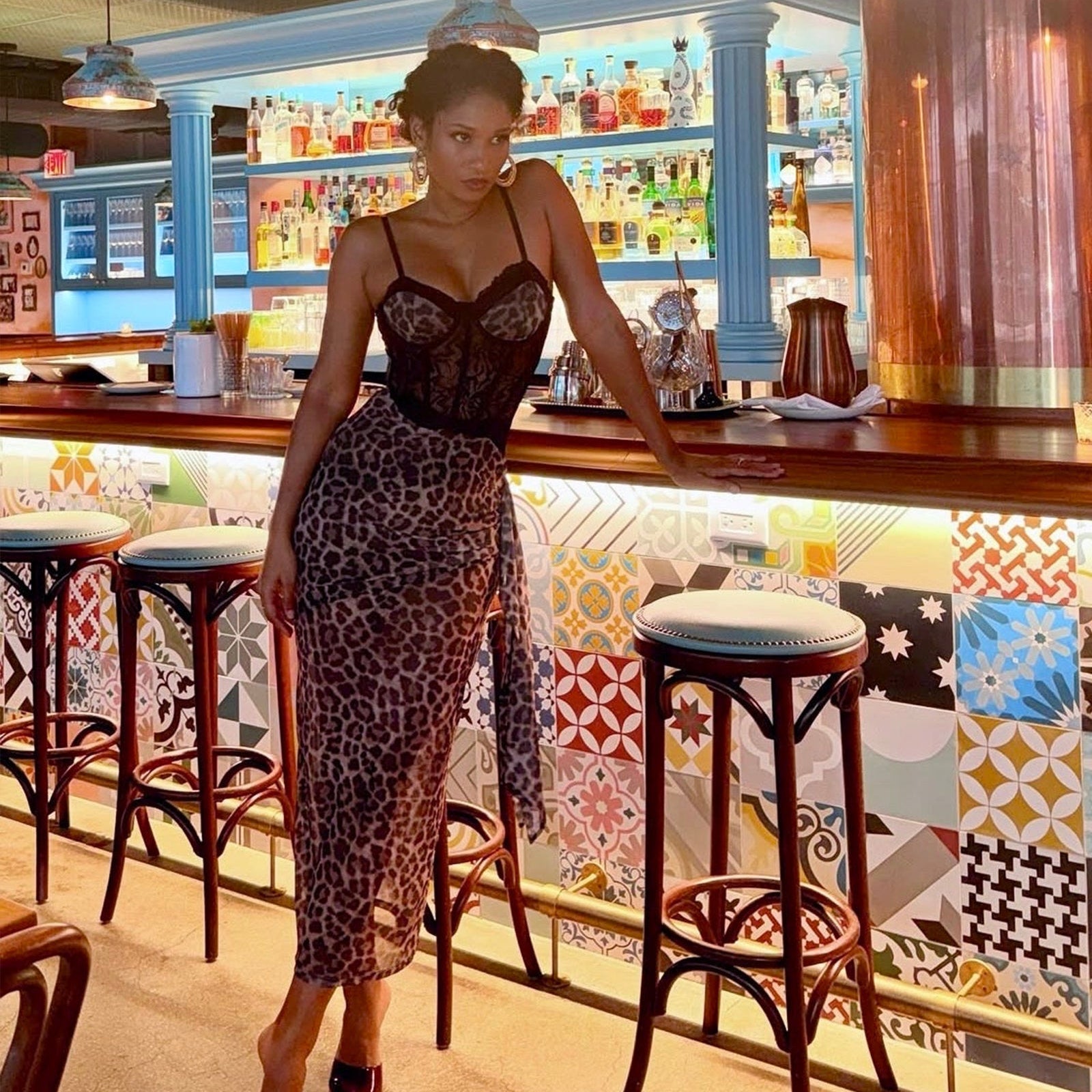 Leopard Print Lace-Trim Sheer Mesh Maxi Dress