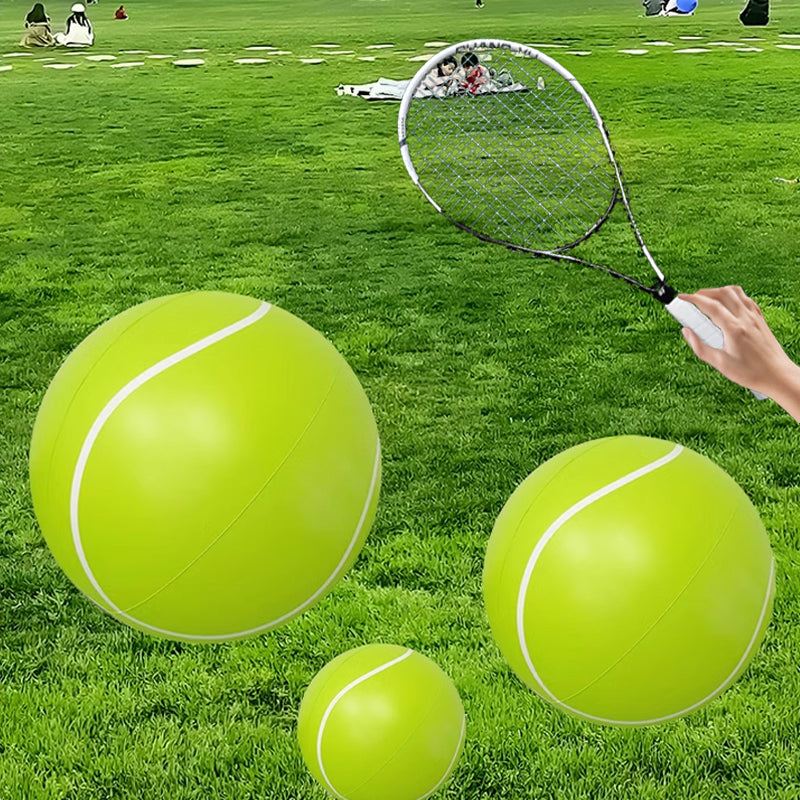 Giant bouncy tennis ball, tennis racket