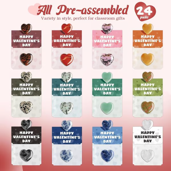 💘 Valentine's Day Gemstone Gift 🎁 24 pre-packaged heart-shaped gemstone cards