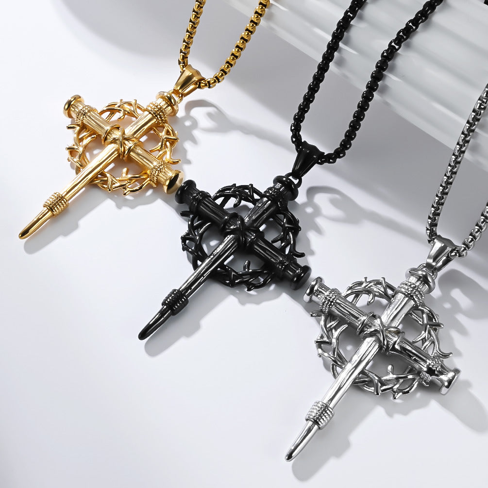 Vintage Thorn Wreath Cross Necklace