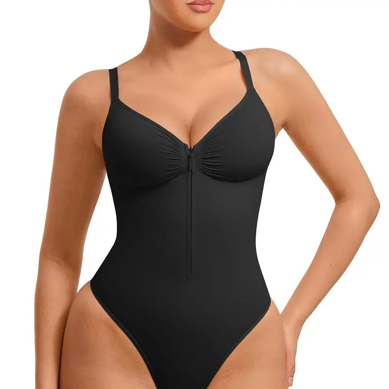 High-elastic zipper V-neck camisole bodysuit
