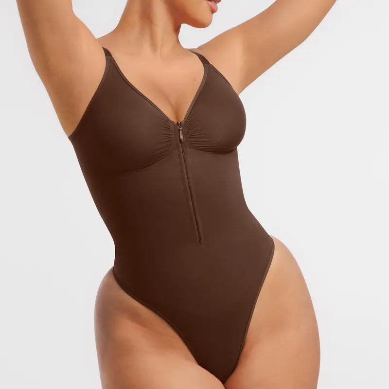 High-elastic zipper V-neck camisole bodysuit