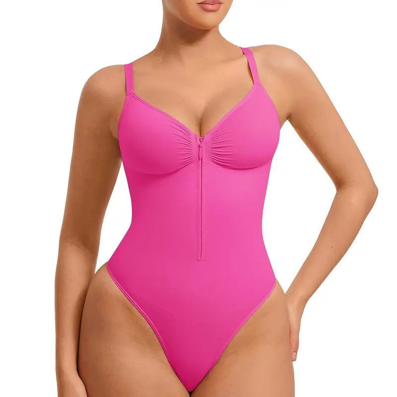 High-elastic zipper V-neck camisole bodysuit
