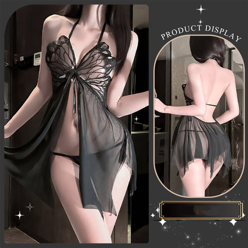 Mesh butterfly halter-neck slip dress