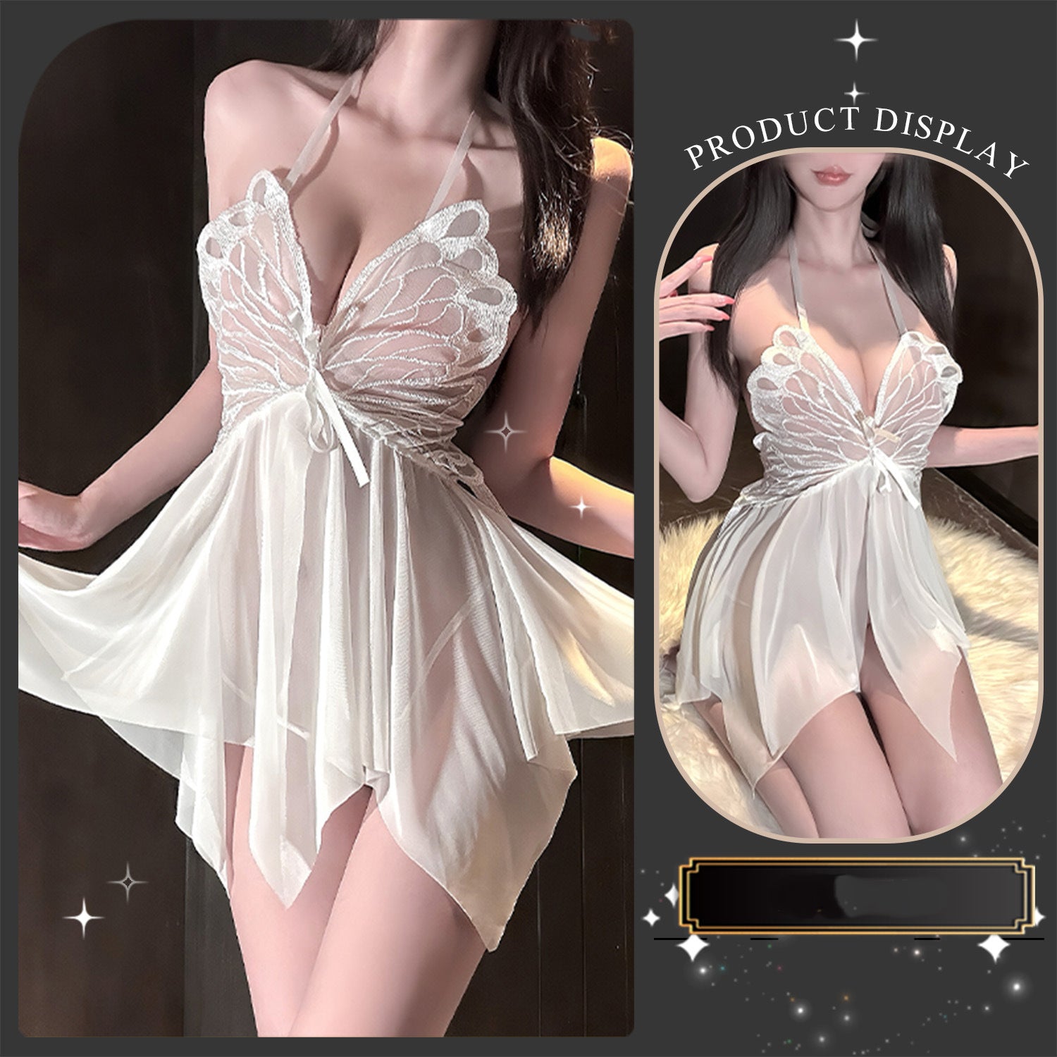 Mesh butterfly halter-neck slip dress