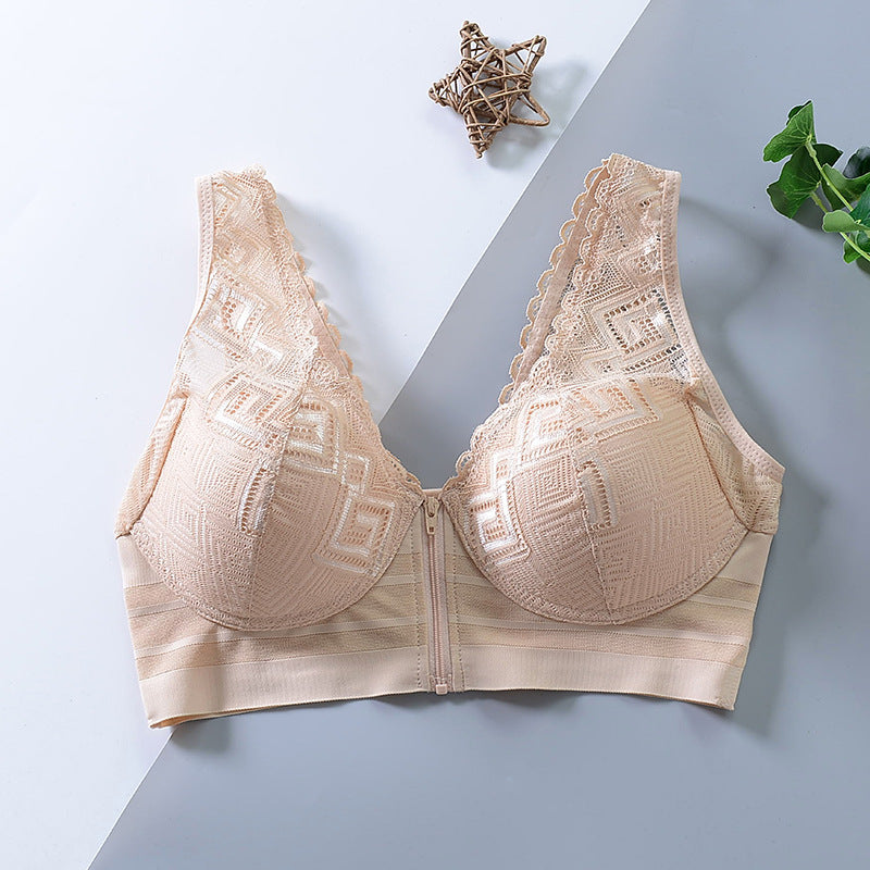 Lace Breathable Front Zipper  Wireless Bra