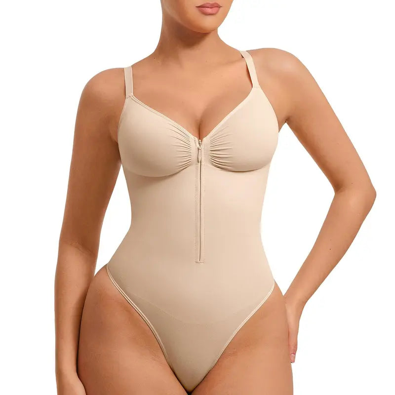 High-elastic zipper V-neck camisole bodysuit