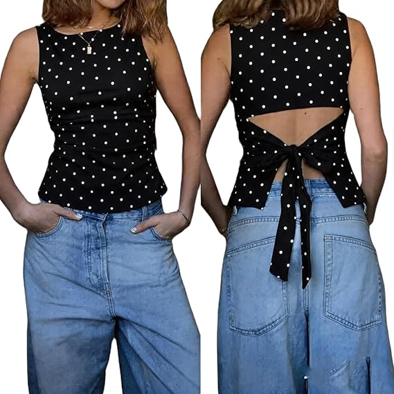 Summer Polka-Dot Backless Sleeveless Top with Tie Straps