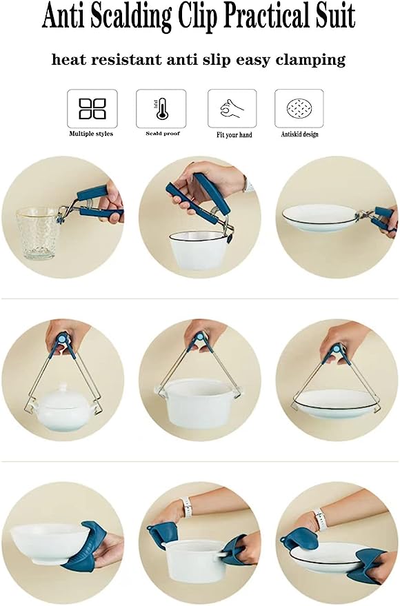 4-Pack(Navy-Blue)Hot Plate Gripper,Stainless Steel Bowl Clip,Kitchen Tongs Bowl Dish Pan Clip Anti-scalding, NavyBlue