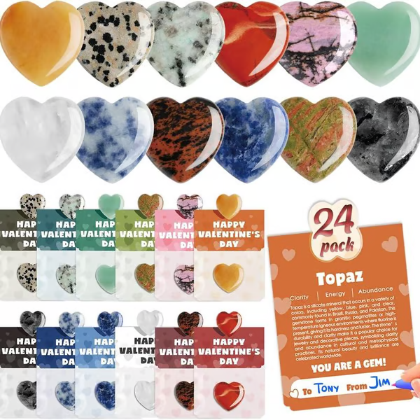 💘 Valentine's Day Gemstone Gift 🎁 24 pre-packaged heart-shaped gemstone cards
