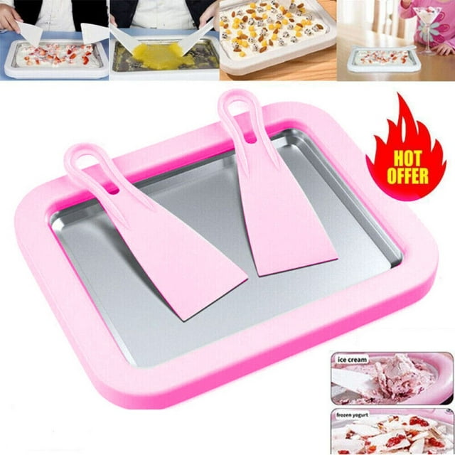 Instant Rolled Ice Cream Maker Pan Machine Yogurt Sorbet with 2 Spatulas