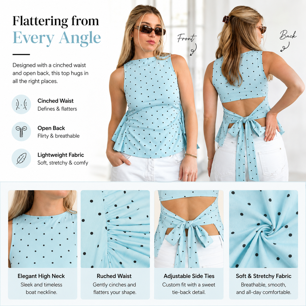 Summer Polka-Dot Backless Sleeveless Top with Tie Straps