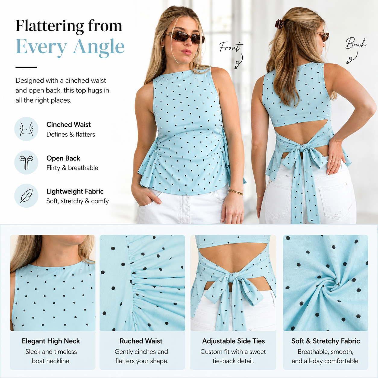 Summer Polka-Dot Backless Sleeveless Top with Tie Straps