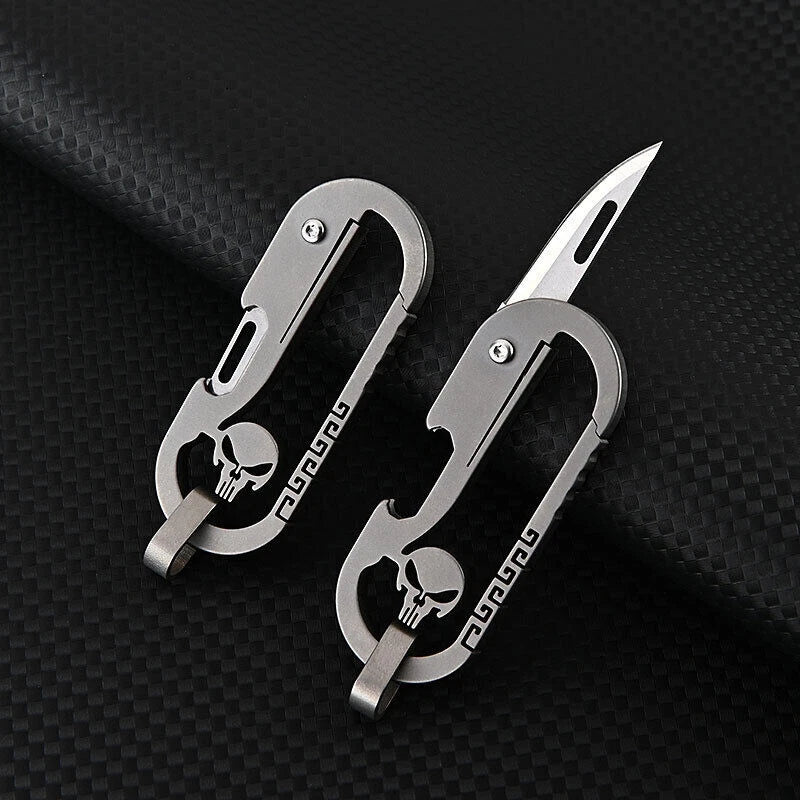 Titanium Skull Carabiner Keychain Folding Pocket Knife
