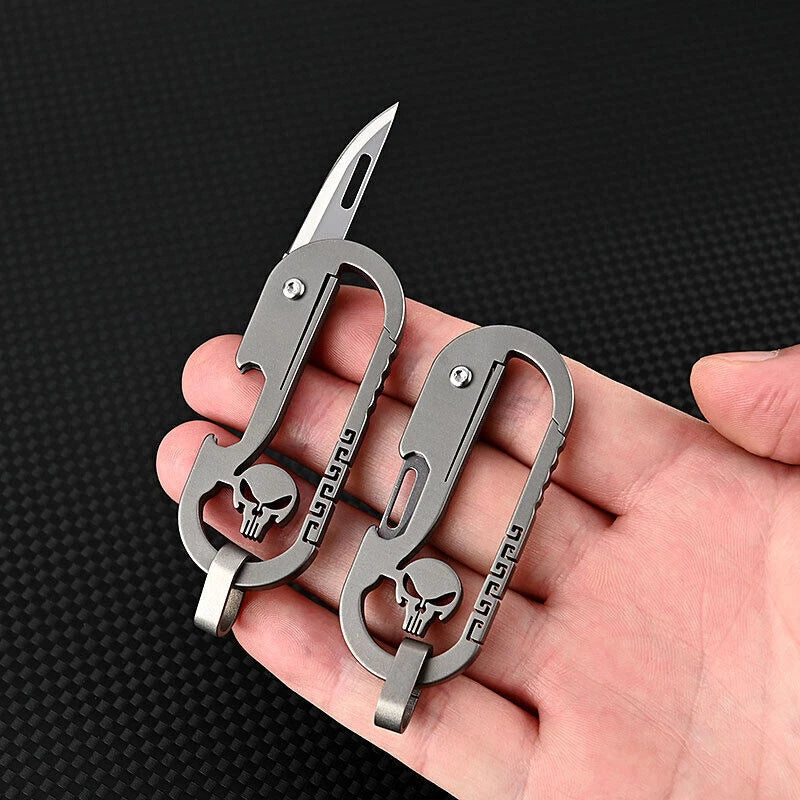Titanium Skull Carabiner Keychain Folding Pocket Knife