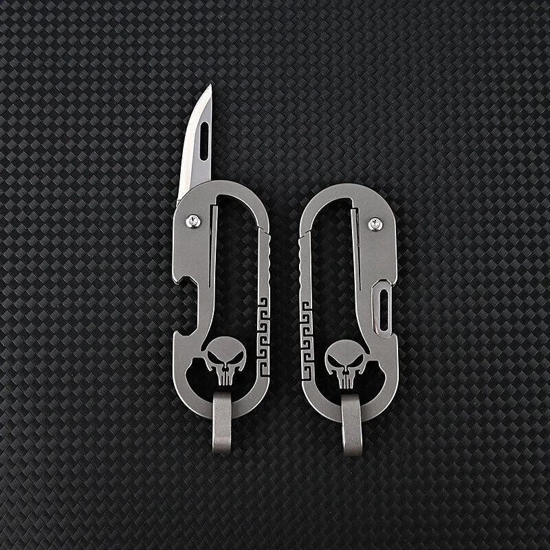 Titanium Skull Carabiner Keychain Folding Pocket Knife