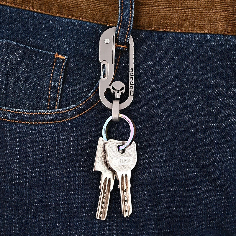 Titanium Skull Carabiner Keychain Folding Pocket Knife