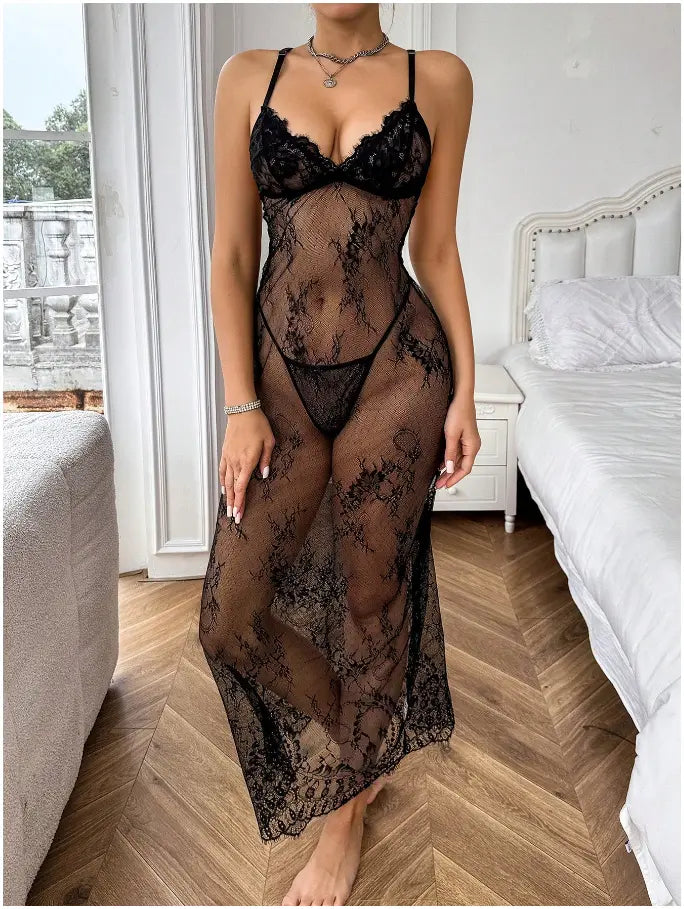Side-slit V-neck mesh pajamas