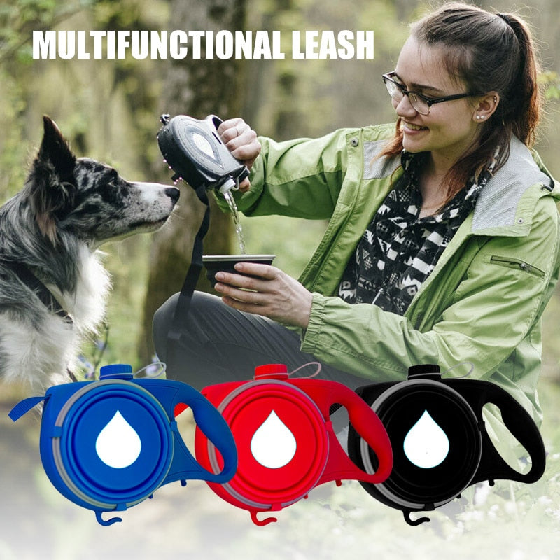 Multifunction Pet Dog Leash with Built-in Water Bottle Bowl Waste Bag Dispenser