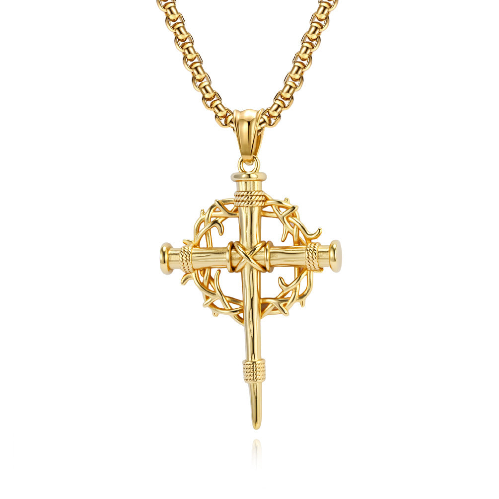 Vintage Thorn Wreath Cross Necklace