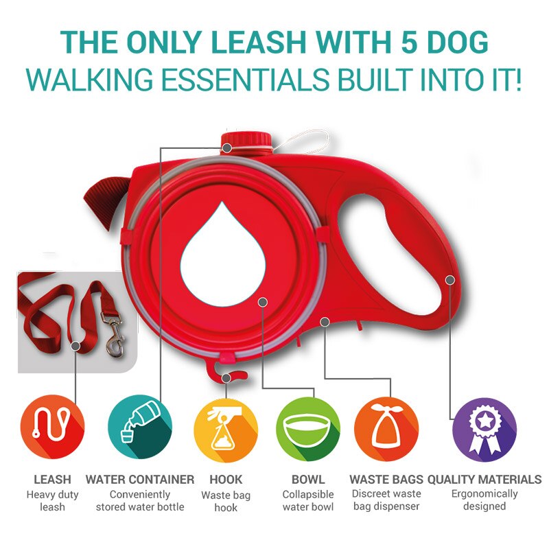 Multifunction Pet Dog Leash with Built-in Water Bottle Bowl Waste Bag Dispenser