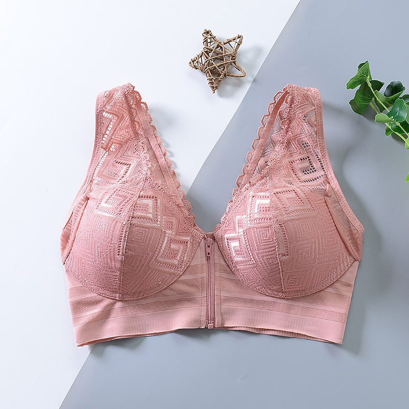 Lace Breathable Front Zipper  Wireless Bra